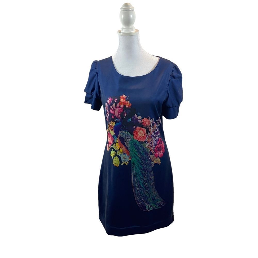 Whistle & Wolf London Blue Peacock Print Short Sleeves Mini Dress Size 8